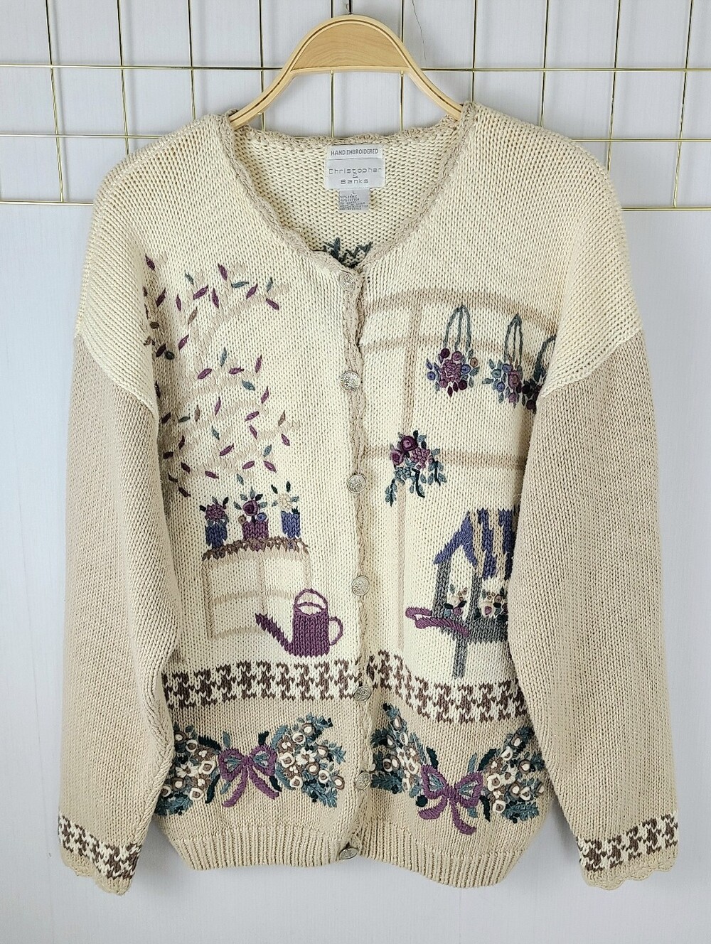 Hand Embroidered Floral Garden Ramie Blend Cardigan 90s Vintage Grandma Sweater